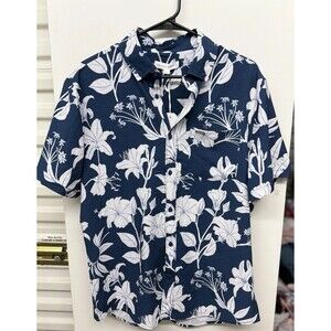 C&C California Men's Floral Button-Up Shirt Blue White Short Sleeve Size L